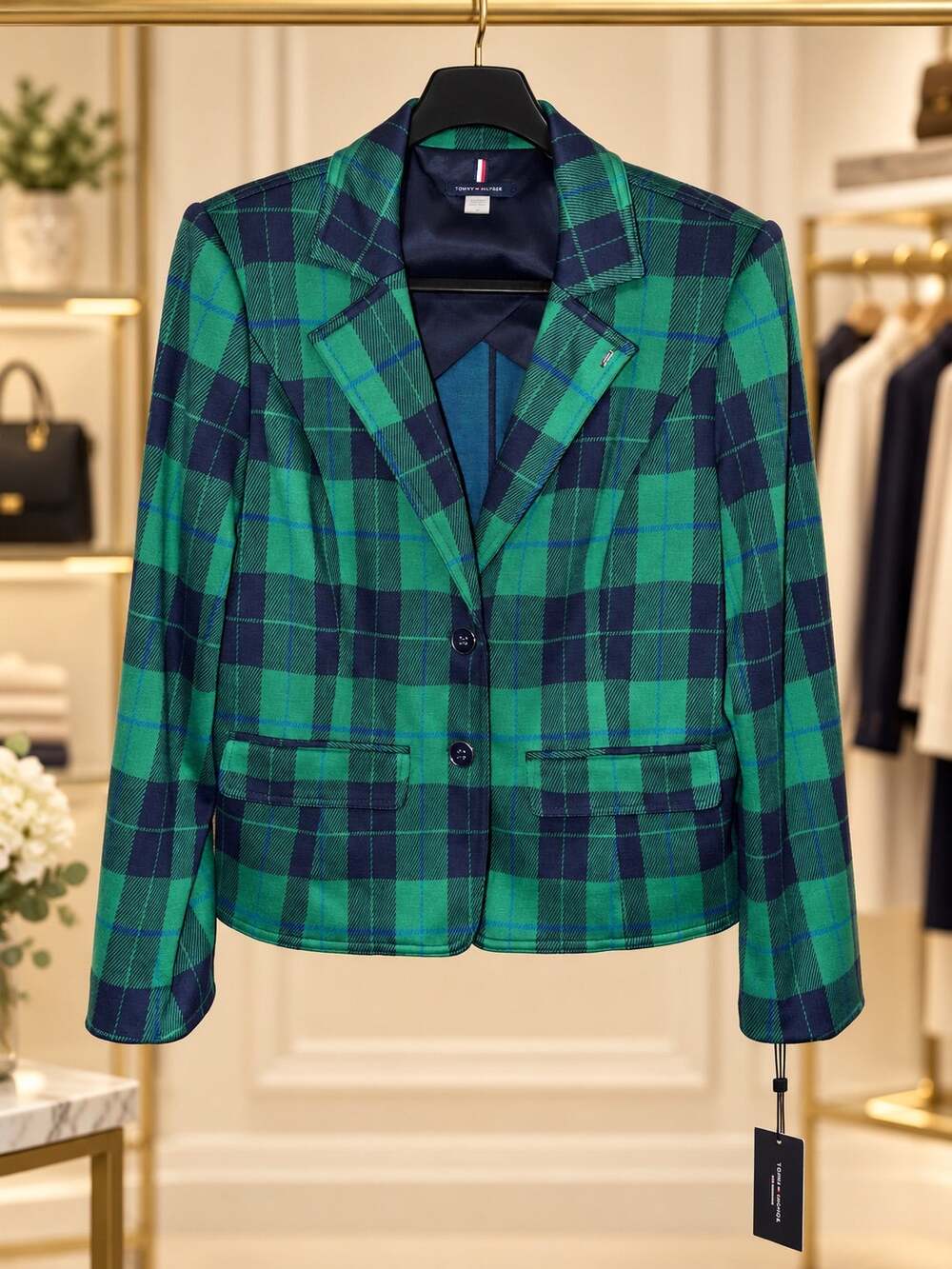 NWT Tommy Hilfiger Women’s Green Blue Plaid Blazer Jacket Button Front Size 12